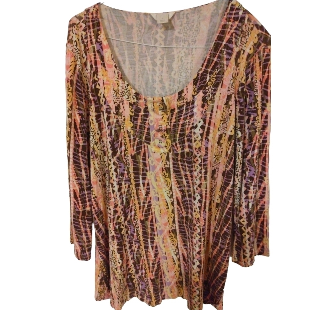 Multicolored Splatter Design Tunic 3 Buttoned Swoop Neck 3/4 Sleeved Artsy XL
